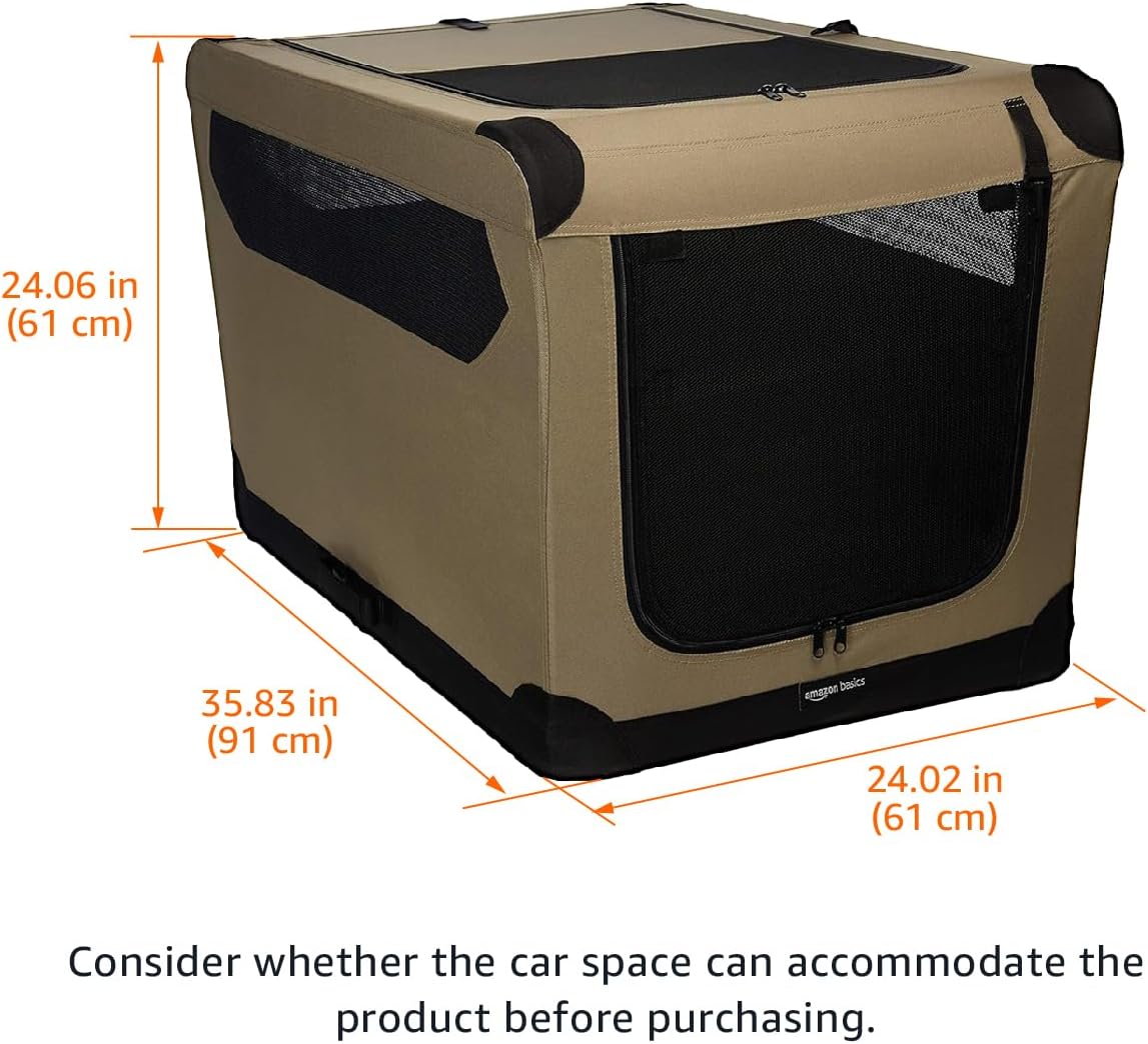 Amazon Basics Folding Soft Crate for Cat, Dog, Rabbit, Portable and Collapsible, 36 Inch, Tan, L 36" x 24" x 24"