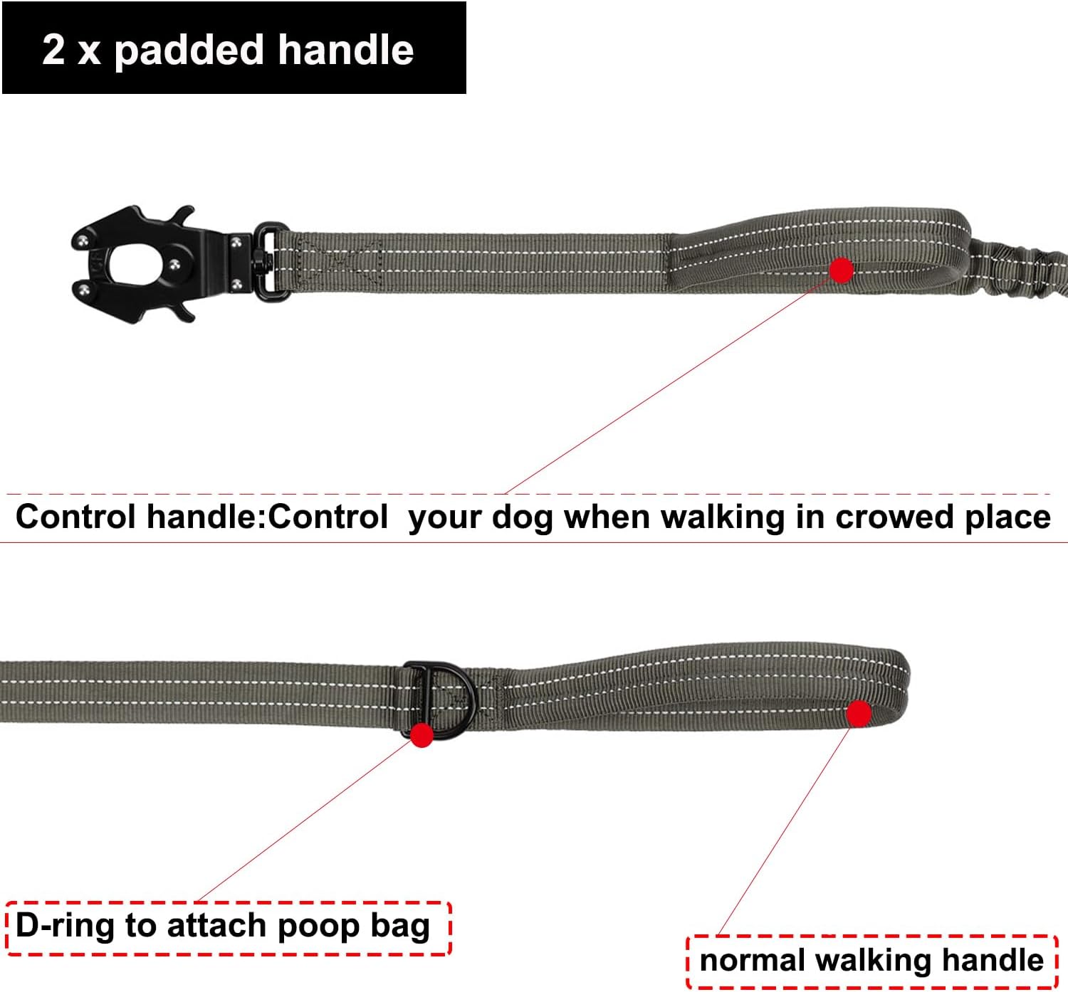 ICEFANG Tactical Dog Leash,K9 Training Walking Bungee Lead with 2 Control Handle,Heavy Duty Quick Release Metal Clasp,for Medium Large Breed (Reflective Green, 6 FT)