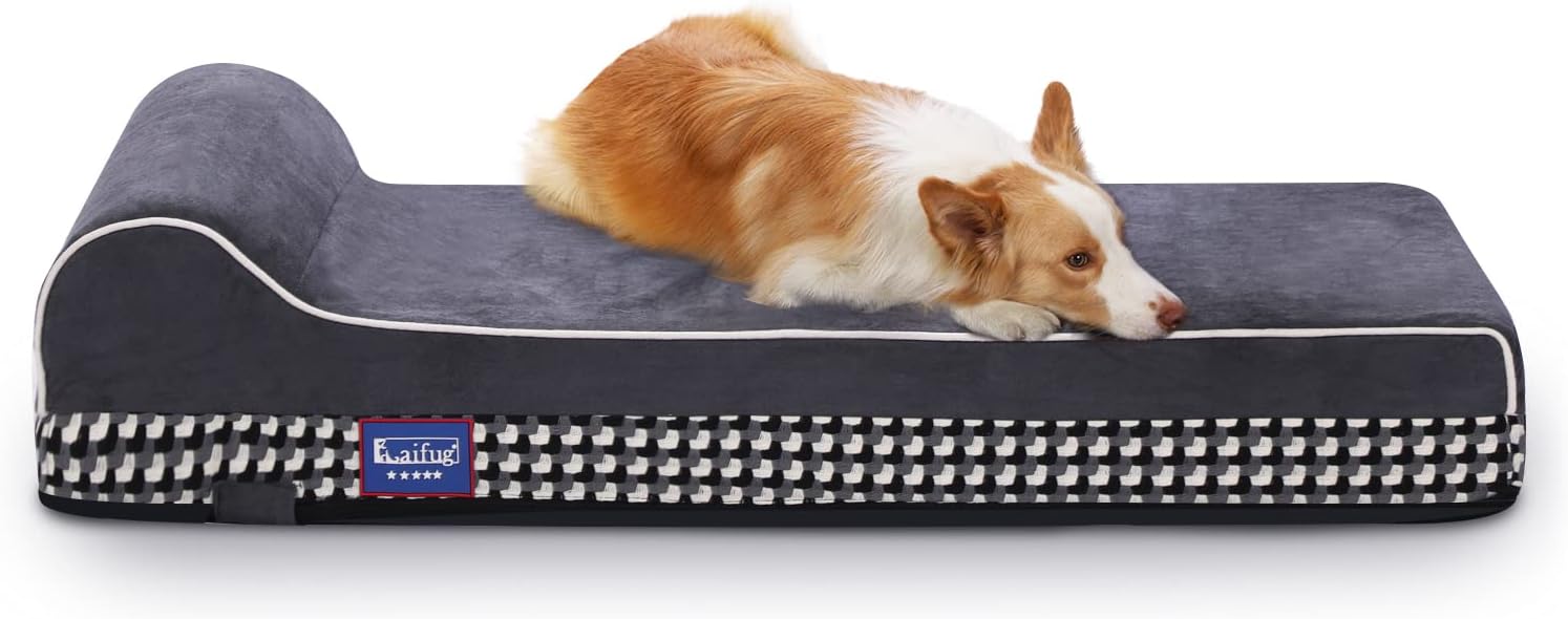 Laifug Orthopedic Memory Foam Extra Large Dog Bed with Pillow and Durable Water Proof Liner & Removable Washable Cover & Smart Design (Large (46"x28"x8"), Black and White Plaid)