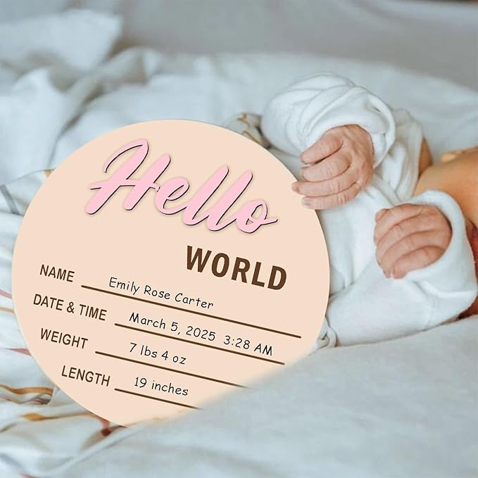 Monthly Baby Milestone Maker Discs, Baby Milestone Signs for Newborn Baby, Hello World Newborn Sign for Baby Girl & Boy, Baby Announcement Sign for 1-12 Month, Milestone Wooden Circles (Pink)