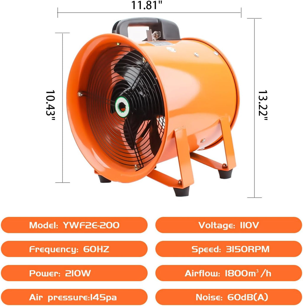 8-Inch High-Velocity Portable Utility Blower Fan, Industrial Exhaust Fan with 33ft Flexible Duct Hose, 3150 RPM Low-Noise Ventilator for Basements, Workshops, Warehouses, and Confined Spaces