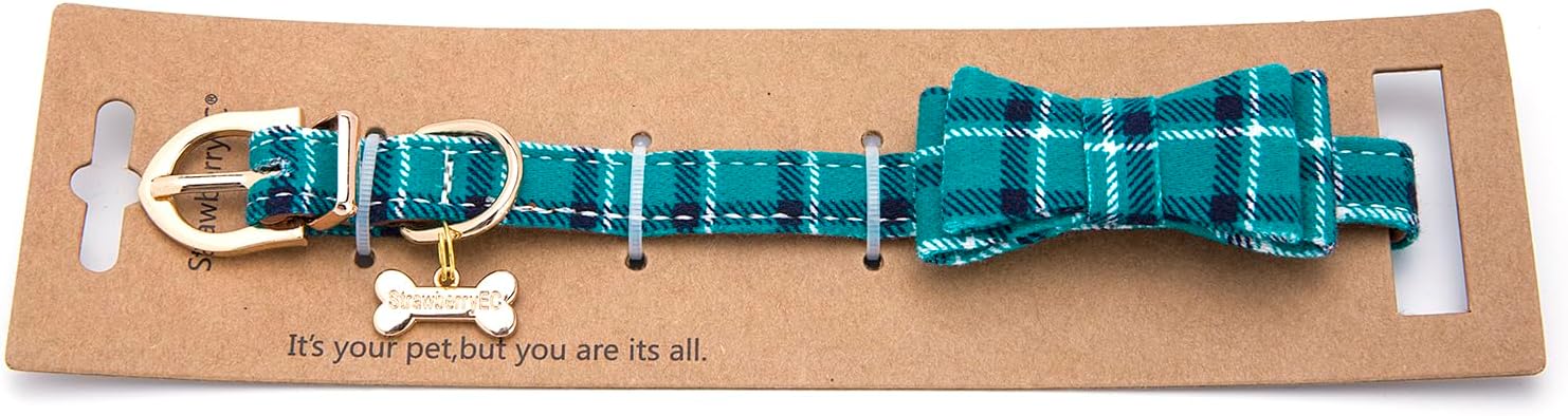 Puppy Collars for Small Dogs - StrawberryEC Adjustable Puppy Id Buckle Collar Leather. Cute Plaid Bandana Dog Collar (Bow-Peacock Green)