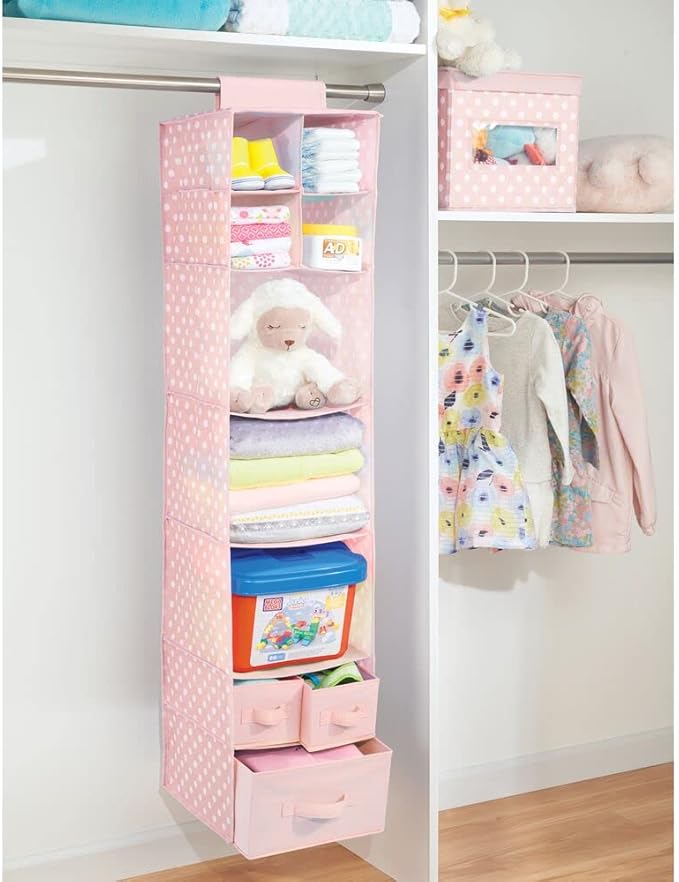 mDesign Fabric Hanging Organizer - Over Closet Rod Storage with 7 Shelves and 3 Removable Drawers for Baby Nursery Bedroom Organization - Holds Clothes, Toys, Accessories - Pink/White Polka Dot