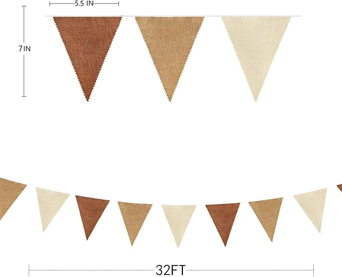 32Ft Brown Party Decorations Boho Pennant Banner Fabric Triangle Flag Linen Bunting Garland Streamers for Woodland Teddy Bear Baby Shower Jungle Safari Birthday Home Nursery Outdoor Garden Decor