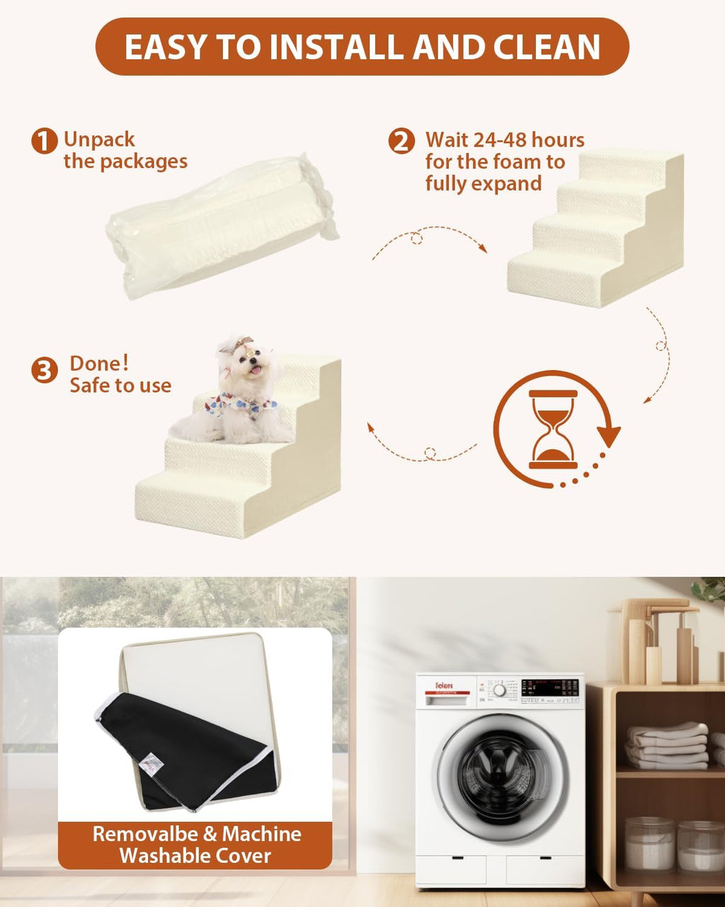 Dog Stairs for Small Dogs,13" H,3-Step Dog Steps for High Bed,Couch,Pet Stairs for Dogs and Cats Climbing with Non-Slip Bottom and Washable Cover,Beige