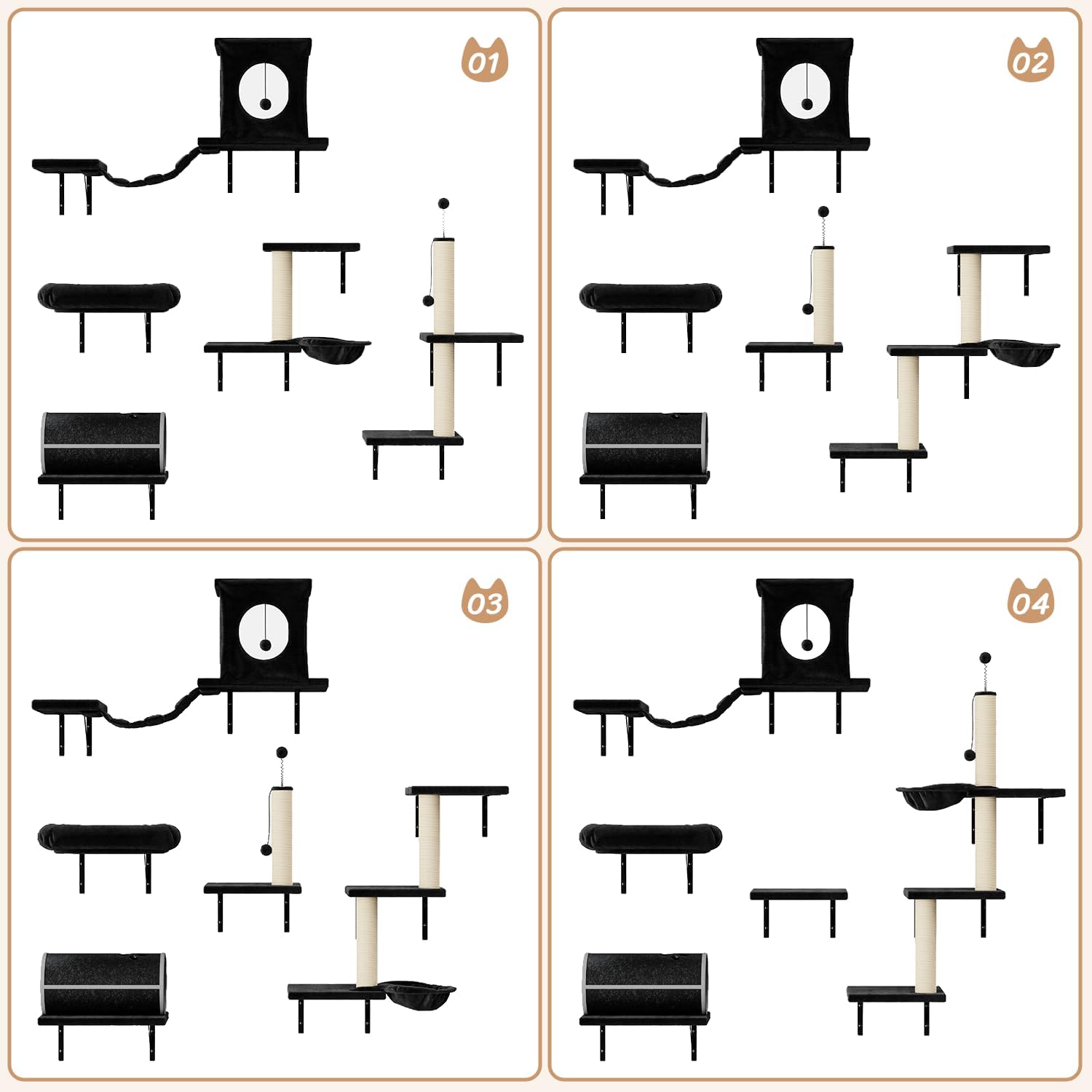 NUNU LAB Cat Wall Shelves Set, 7 Pcs Wall-Mounted Cat Climber with Cat House, Tunnel, Bridge, Scratching Post, Hammock, Wall Shelves, Black