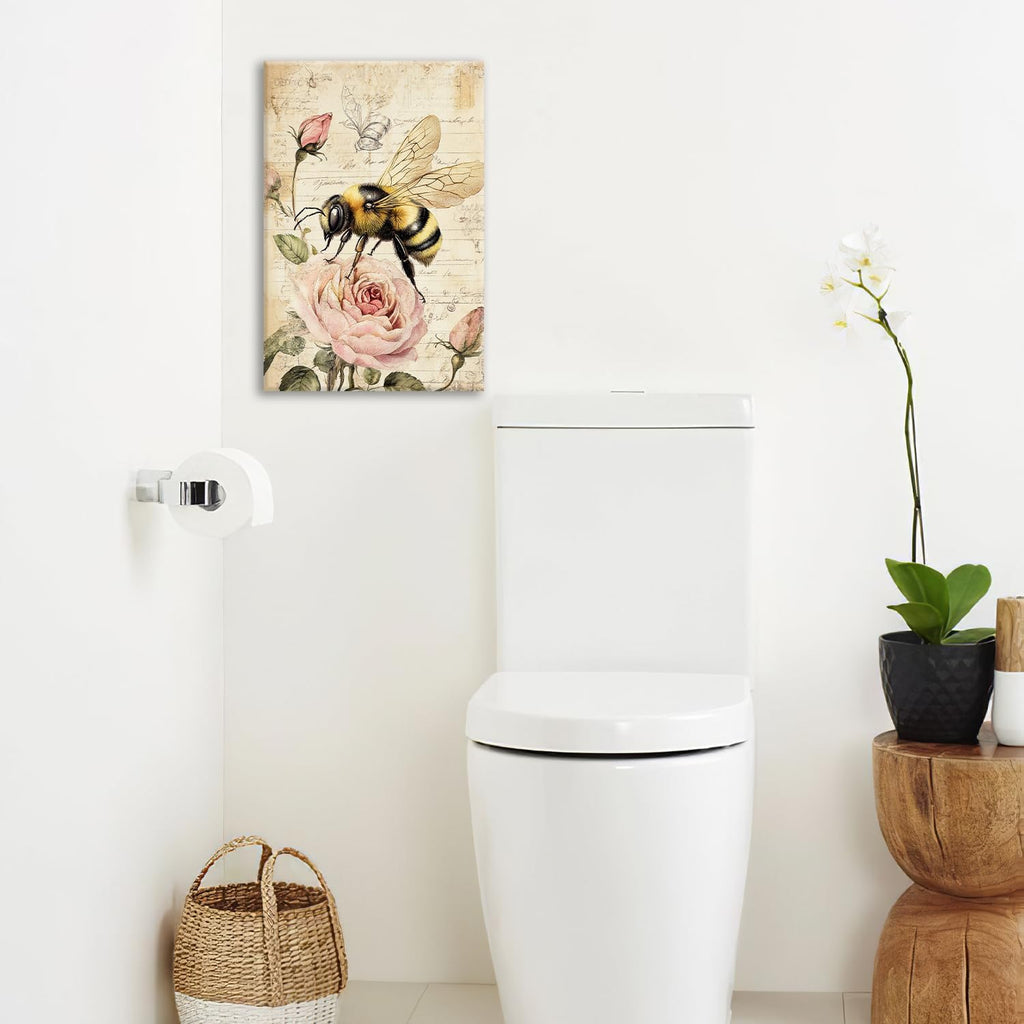 Rustic Bee Bathroom Pictures Wall Art, Vintage Floral Bathroom Wall Decor, Pink Rose Flower Framed Painting Canvas Artwork for Bedroom Living Room Decorations 24"L x 16"W