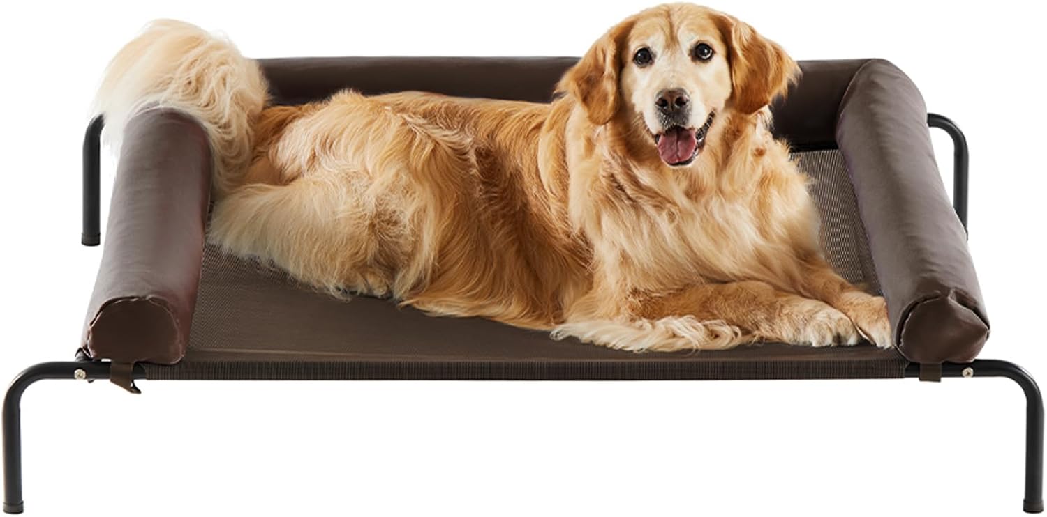 RRPETHOME Large Elevated Cooling Dog Bed, Raised Dog Cot Beds for Large Dogs, Elevated Outdoor Pet Bed, Chew Proof Portable Cooling Pet Cot with Skid-Resistant Feet and Breathable Mesh