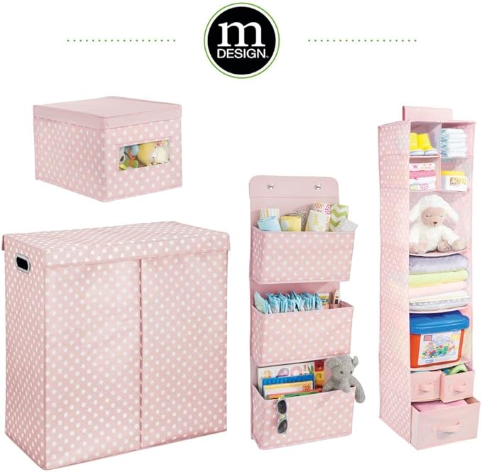 mDesign Fabric Hanging Organizer - Over Closet Rod Storage with 7 Shelves and 3 Removable Drawers for Baby Nursery Bedroom Organization - Holds Clothes, Toys, Accessories - Pink/White Polka Dot
