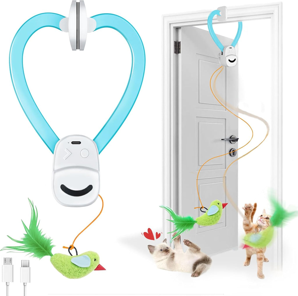Interactive Cat Toys for Indoor Cats Automatic Electric Flying Bird Feather Wand Toy - Best Kitten & Adult Cat Enrichment Stimulation Toy Hanging Electric Kitty Toys for Bored Cats（Blue White）