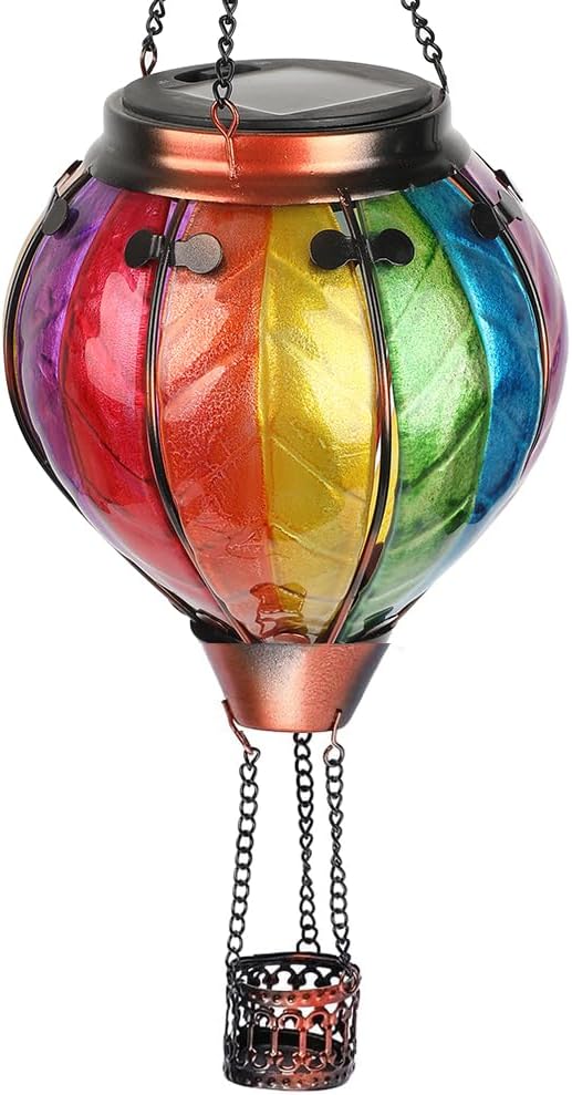 Hot Air Balloon Solar Lantern with Flickering Flame, Glass Hanging Garden Lights Outdoor Waterproof for Tree Yard Patio Mother's Day Gift, 18" H Colorful-A