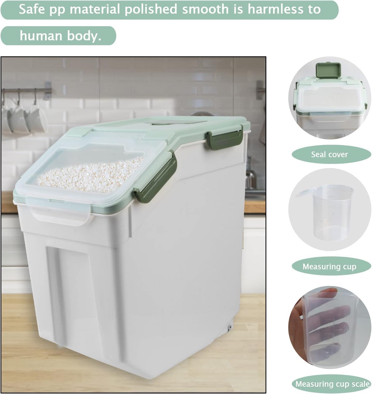 AnRui Large Flour Storage Containers 25Lbs Airtight Rice Storage Container BPA Free Kitchen Pantry Food Storage Bin Sugar Snack Cereal Grain Organizer Box with Wheel, Measuring Cup, 4Pack Green