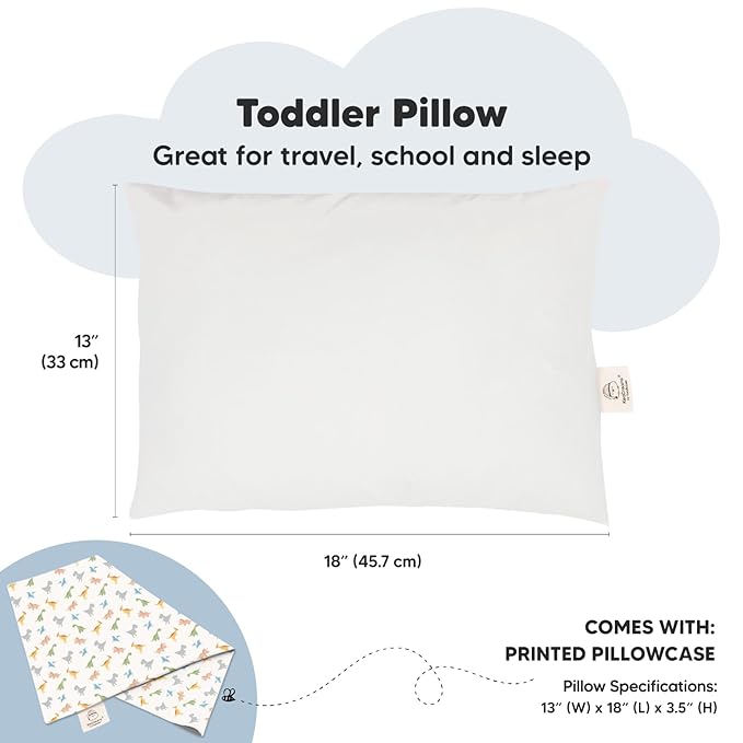 Toddler Pillow with Pillowcase - 13x18 My Little Dreamy Kids Travel Bed Pillows for Sleeping, Organic Cotton Small Pillowcase, Soft & Breathable, Machine Washable, Toddlers 2-5 Years Old (Roarsome)