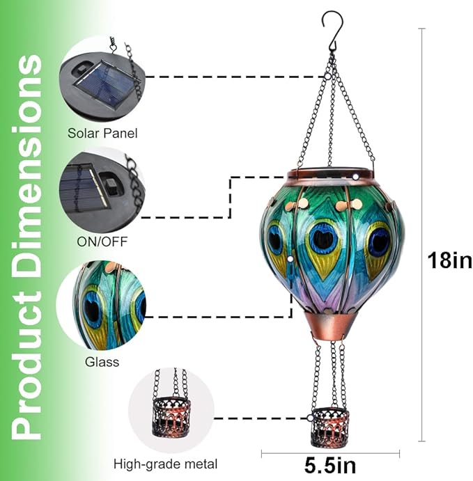 Hot Air Balloon Solar Lantern, Peacock Hanginng Lights, Glass Solar Lantern Waterproof for Outdoor Garden Decor