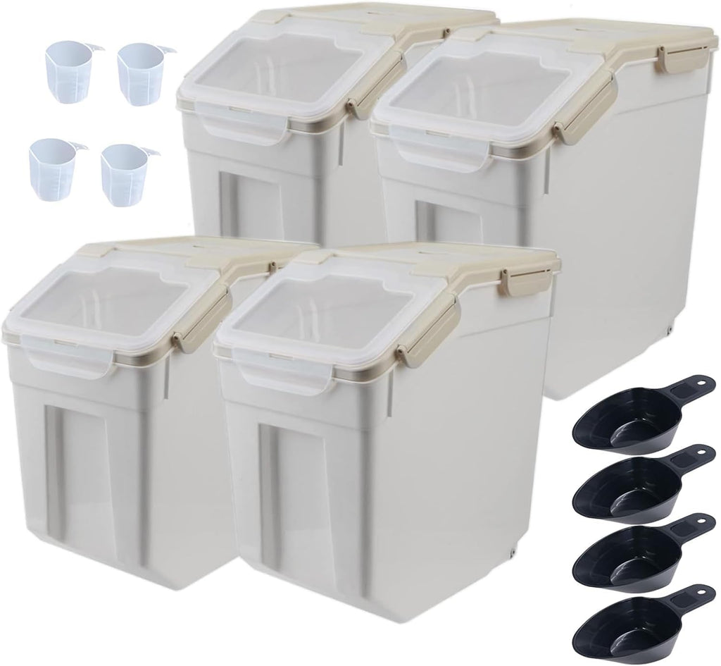 AnRui 25Lbs Airtight Rice Storage Container, Large Flour Storage Containers BPA Free Kitchen Pantry Food Storage Bin Sugar Snack Cereal Grain Organizer Box with Wheel, Scoop, 4Pack, Grey