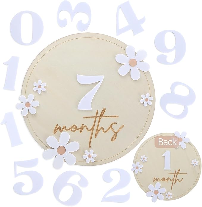Wooden Baby Monthly Milestone Cards - Daisy Wooden Marker Discs Baby Announcement, Full Moon Party Photo Decoration Props