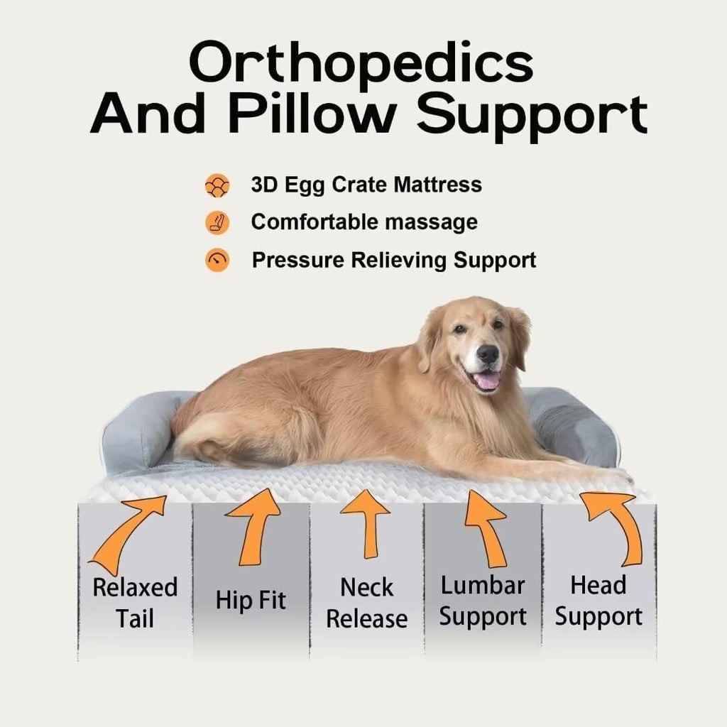 Large Dog Bed Orthopedic Washable, Big Large XXXLarge Dogs, Orthopedic Grey Extra Dog Bed with Waterproof Cover and Removable Egg Foam, Couch Bed Bolster