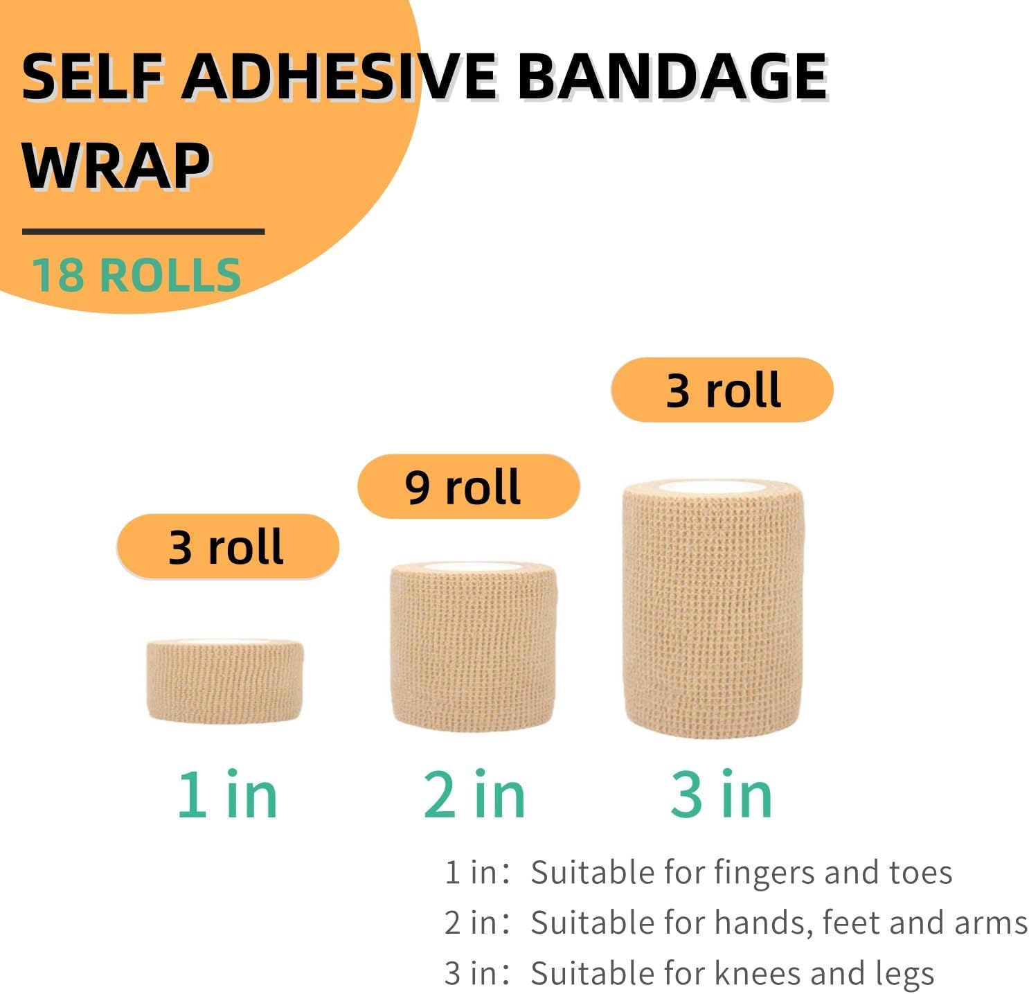 Self Adhesive Wrap 18 Rolls, Non-Woven Self Adherent Vet Wrap, (1IN+2IN+3IN) x 5Yard | Cohesive Bandage Tape for Wrist & Ankle, Elastic Grip Cover (Colorful)