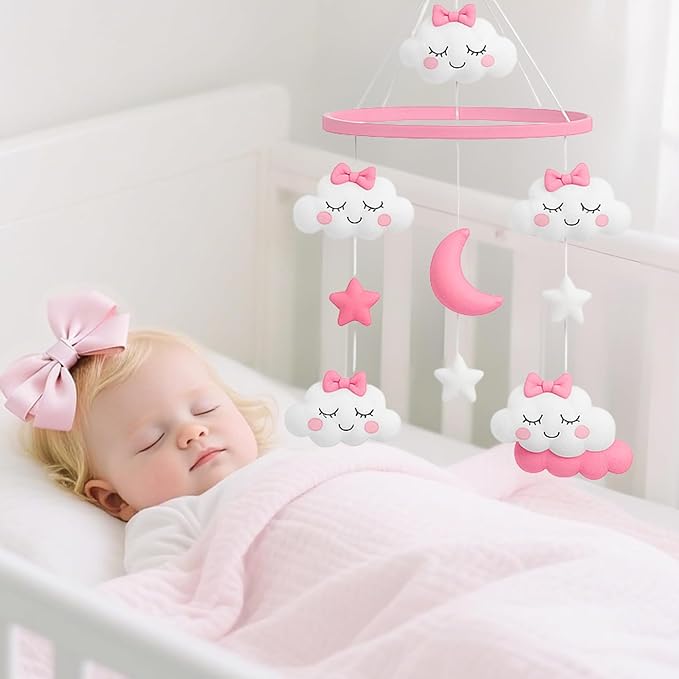 Baby Crib Mobile for Girls with Arm & Music Box | Pink Felt Clouds & Stars Design | Sensory & Soothing Nursery Decor for Baby Girls. Fits Most Cribs.