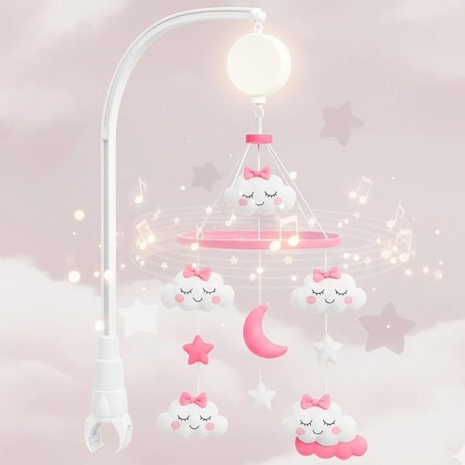 Baby Crib Mobile for Girls with Arm & Music Box | Pink Felt Clouds & Stars Design | Sensory & Soothing Nursery Decor for Baby Girls. Fits Most Cribs.
