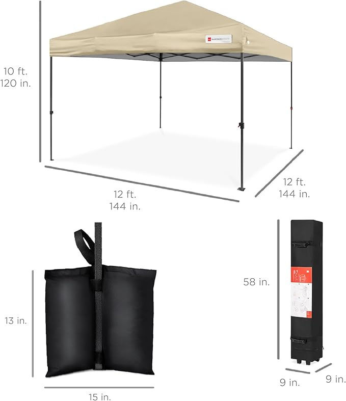 Best Choice Products 12x12ft 1-Person Setup Pop Up Canopy Tent Instant Portable Shelter w/ 1-Button Push, Case, 4 Weight Bags - Sand