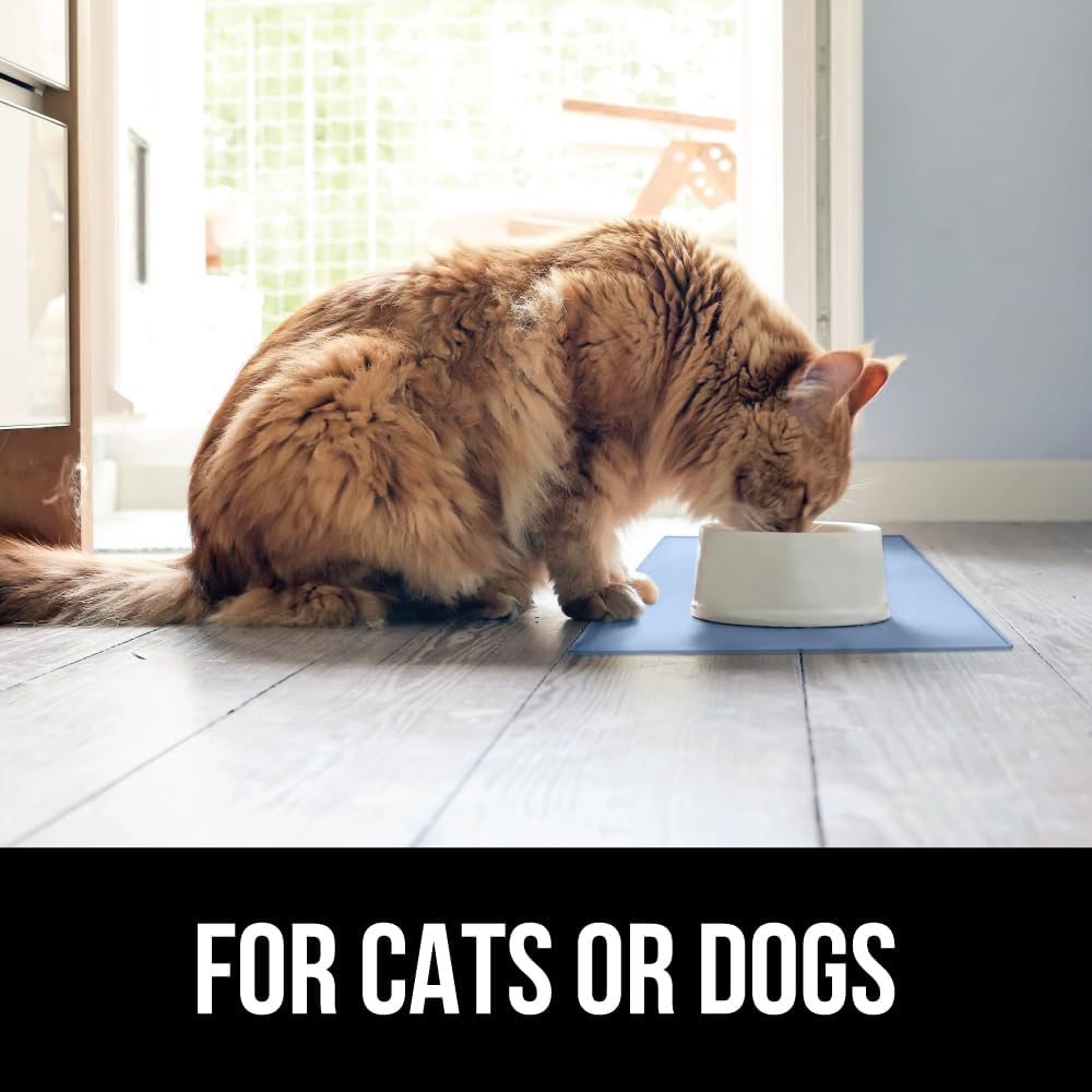GORILLA GRIP 100% Waterproof Raised Edge BPA Free Silicone Pet Feeding Mat, Dog Cat Food Mats Contain Spills Protects Floors, Placemats for Cats and Dogs Water Bowl, Pets Accessories 28x18 Blue