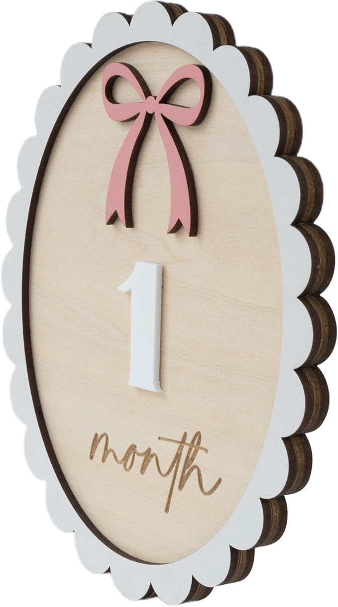 Baby Monthly Milestone Wooden Sign with Numbers and Stand – Natural Wood Milestone Board for Newborn Monthly Growth Photos – Cute 3D Flowers Photo Prop for Baby Milestone Memories (Light Pink Wooden)