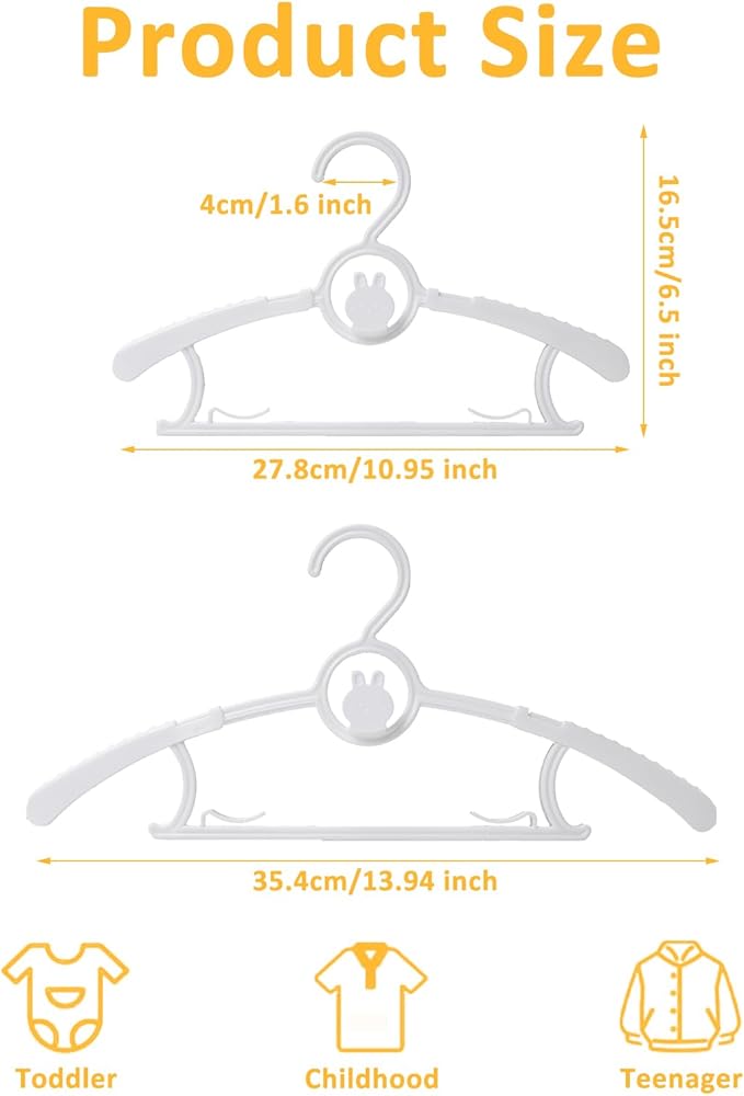 50 Pack Baby Hangers, 11"-14" Adjustable Infant Hanger, Non-Slip Kids Hanger, Space Saving Plastic Hangers for Girl Boy Toddler Kids Child (White)