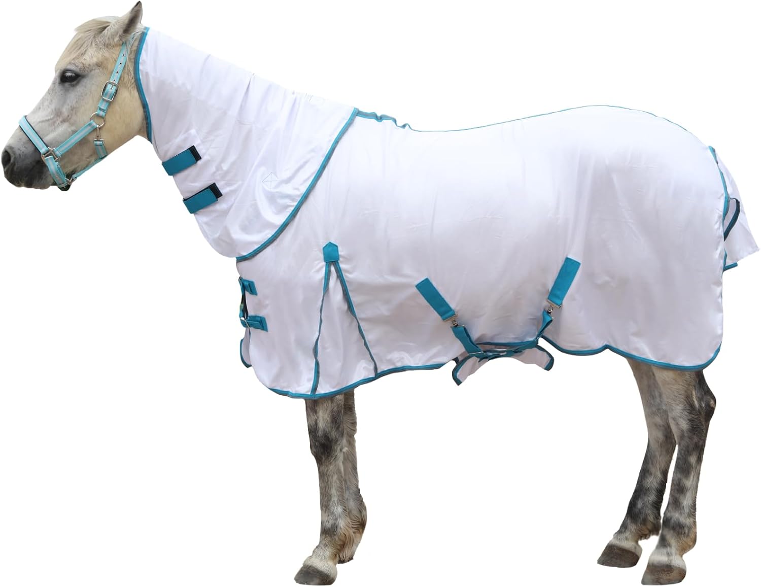 Horse Fly Sheet with Detachable Neck Cover & Belly Wrap, Adjustable Fly Sheet for Horses, Ventilated Airflow Mesh Equine Cooling Summer Flysheet White 75