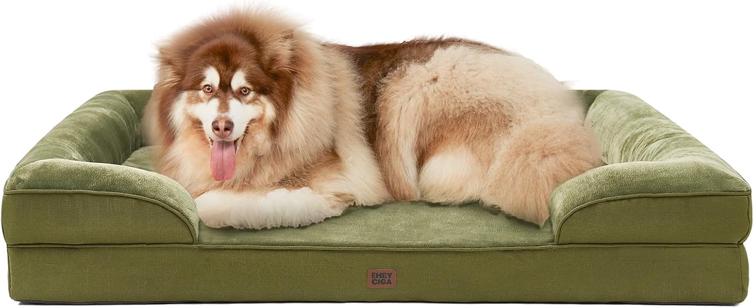 EHEYCIGA Orthopedic XL Dog Beds, Waterproof Memory Foam Dog Bed for Extra Large Dogs, Non-Slip Bottom and Egg-Crate Foam Big Pet Couch Bed with Washable Removable Cover, Olive Green