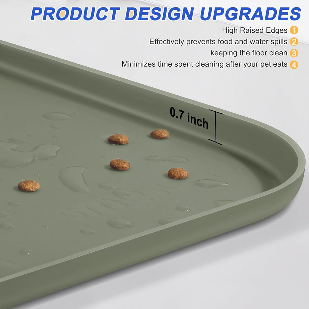 Silicone Pet Feeding Mat with Raised Edge for Food and Water, Dog Bowl Mats, Cat Bowls Placemat with High Lip for Floor Waterproof, Rubber Tray for Cats and Dogs 19 x 12 x0.7 Light Olive Green