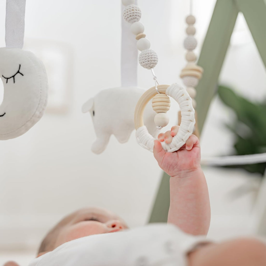 Comfy Cubs Wooden Baby Play Gym - Natural Finish Pinewood Baby Activity Gym with 5 Sensory Hanging Toys - Easy No-Tool Assembly, Safe and Durable for Infant Motor and Visual Development - Sage