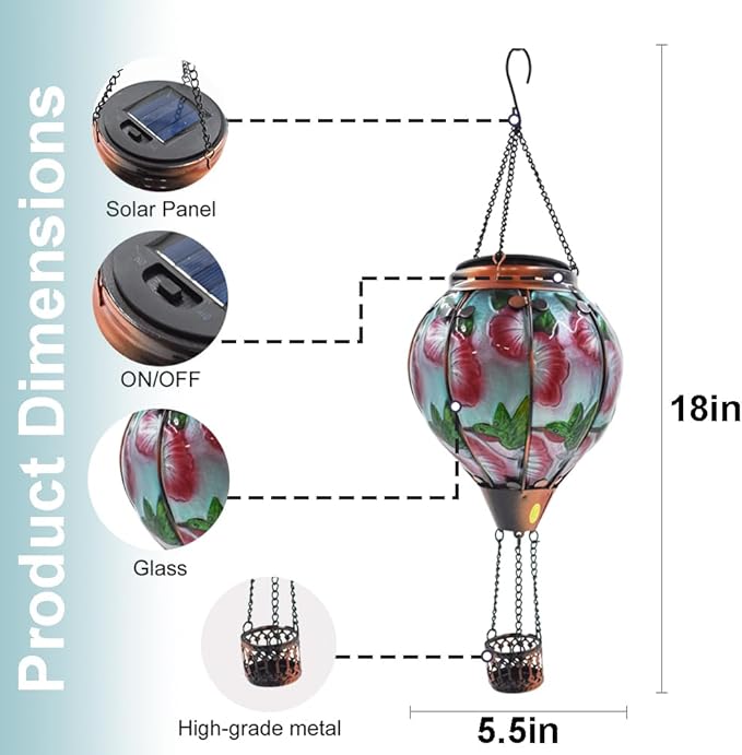 Hot Air Balloon Solar Lantern with Flickering Flame, Glass Hanging Garden Lights Outdoor Waterproof for Tree Yard Patio Mother's Day Gift, 18" H Hummingbird-Red
