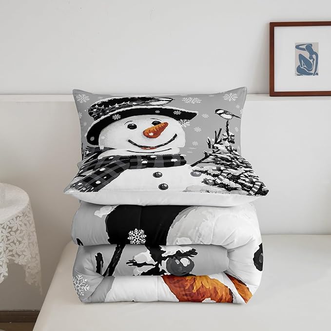 Feelyou Kids Christmas Theme Decorations Bedding Set Xmas Snowman Comforter Set for Boys Girls Snowflake Kawaii Cute Comforter Grey Quilt Set Bedroom Collection Toddler Size