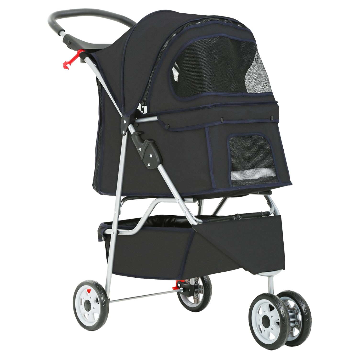 Pet Stroller Dog Stroller Portable Travel 3 Wheel Foldable Cat Stroller with Storage Basket and Cup Holder for Small and Medium Cats,Dogs,Puppy,Black