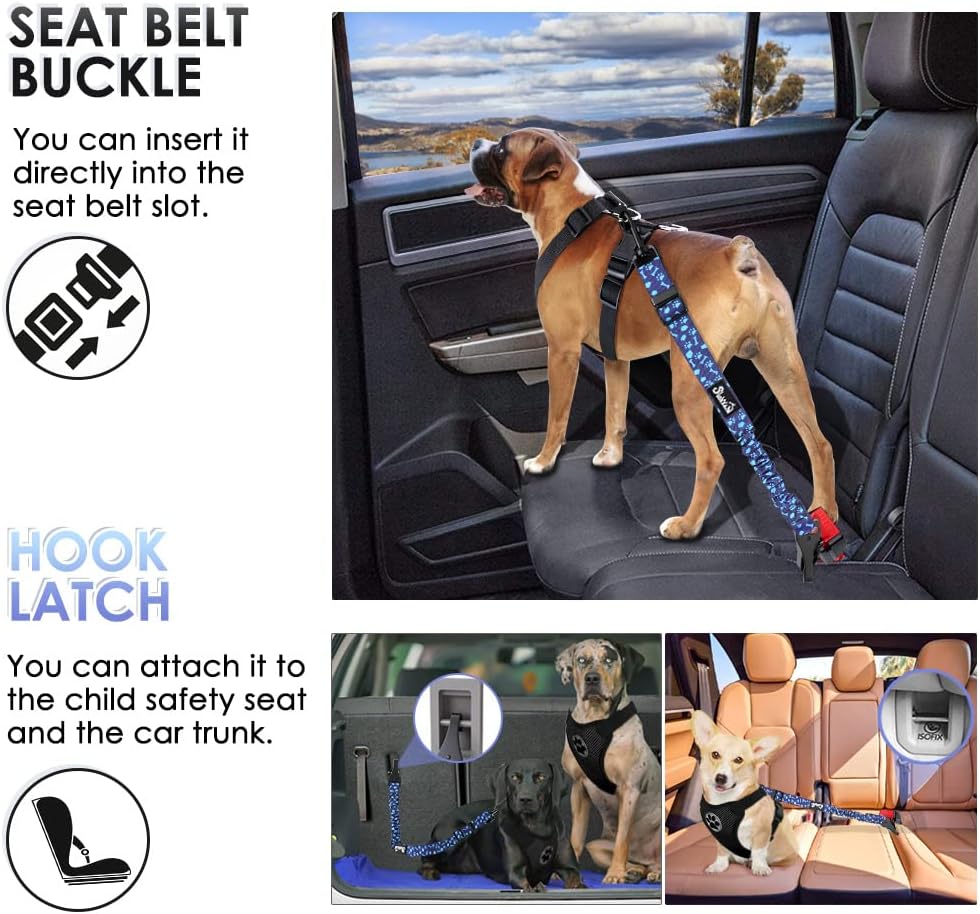 SlowTon Dog Seat Belt, Adjustable Dog Safety Belt Leash, 2 in 1 Latch Bar Attachment Dogs Car Seatbelt with Elastic Nylon Bungee Buffer, Reflective Nylon Belt Tether Connect (BL Dog Paw)