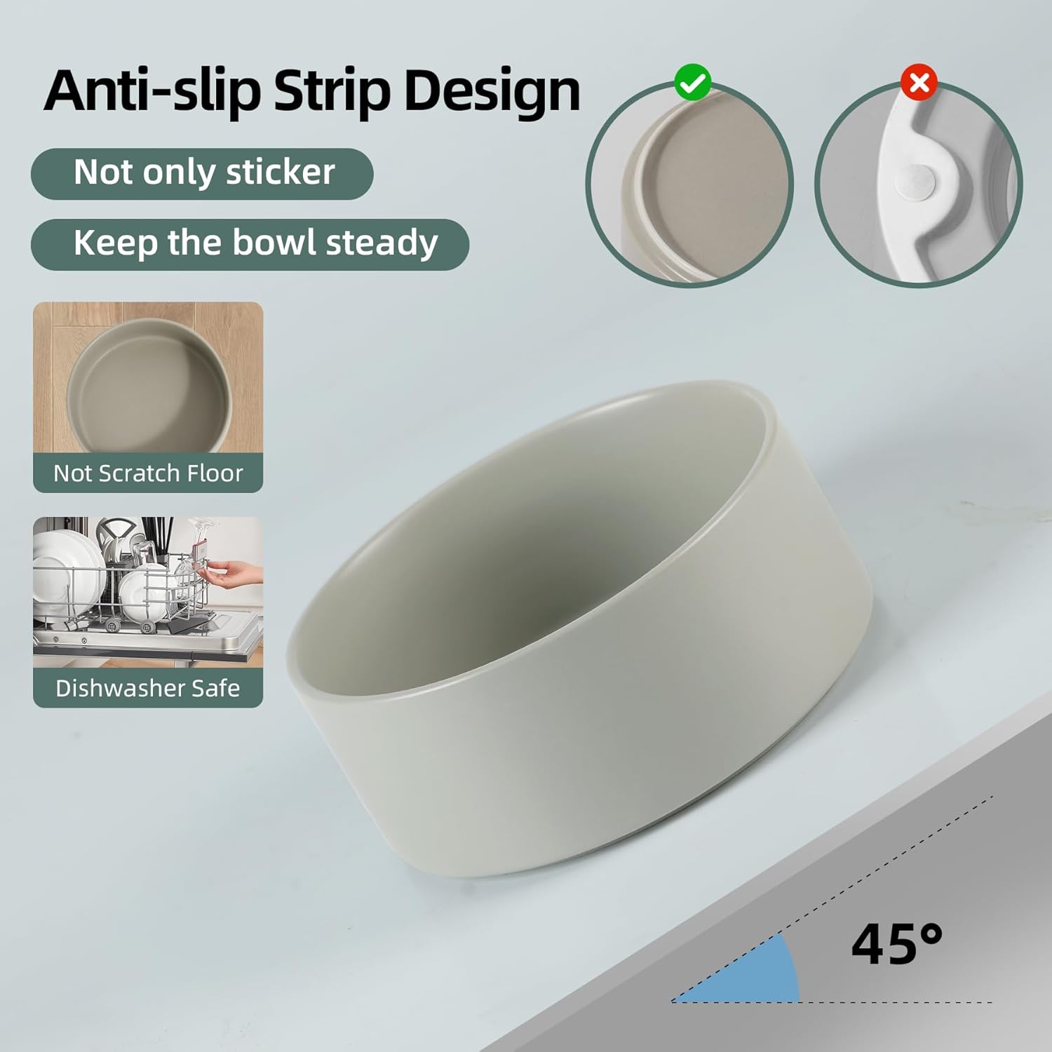 Ceramic Raised Dog Bowl Set, Elevated with Stand, Food and Water Bowl for Medium Breed Dogs, Weighted Dog Dishes, Pet Bowl(7.3'',41OZ, Grey)