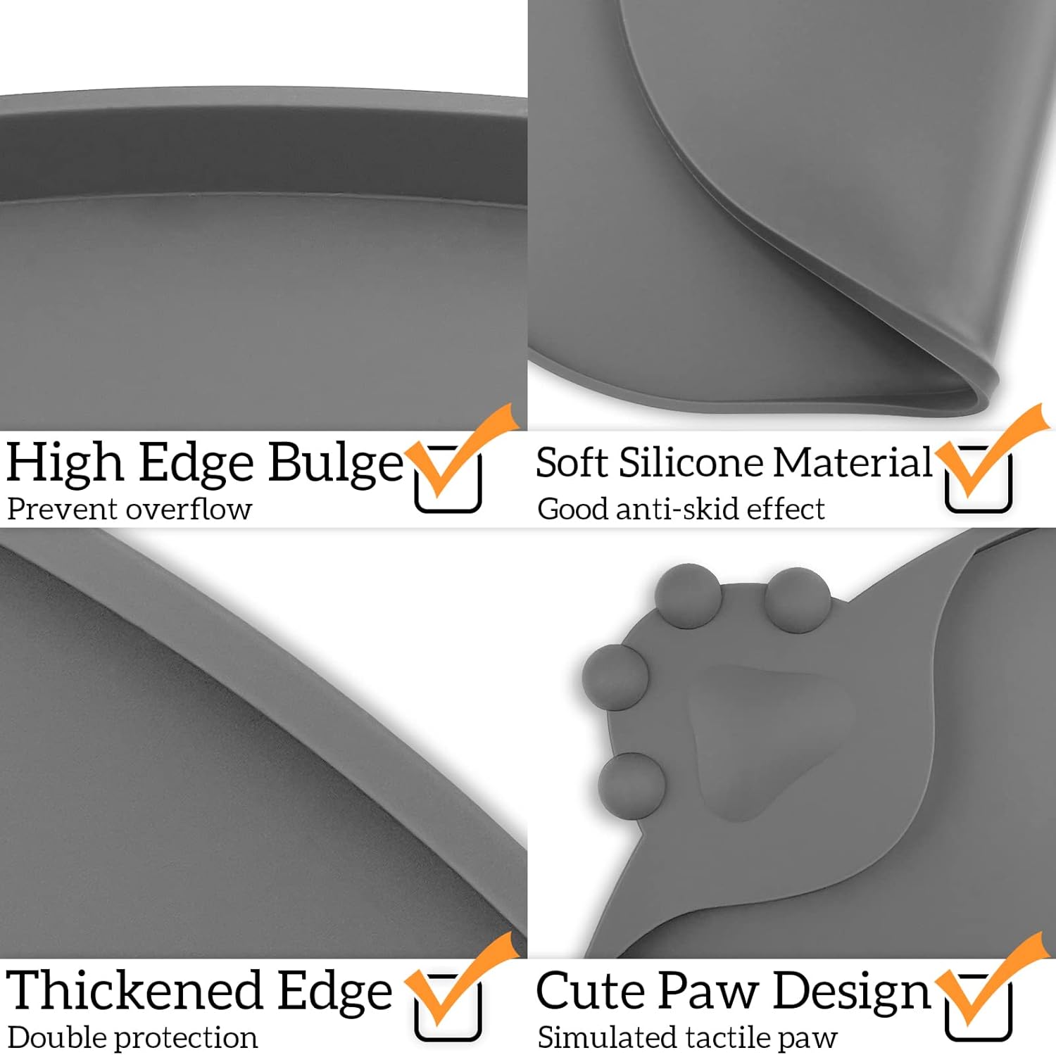 KPWACD Silicone Pet Placemat for Dogs and Cats, Non-Slip Waterproof Pet Feeding Bowl Mat Prevent Food and Water Overflow, High-Lips Puppy Dish Tray Mats Suitable for Large Medium Small Pets, Grey
