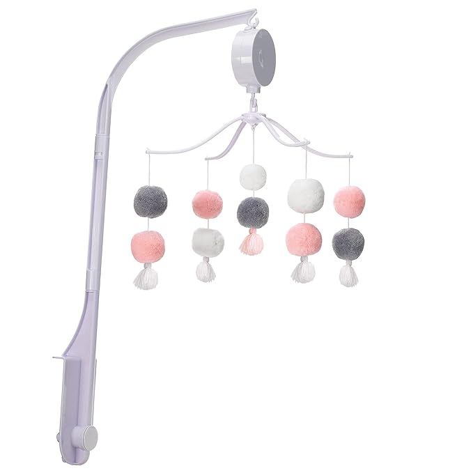 Bedtime Originals Blossom Pink/Gray Pom Pom Musical Baby Crib Mobile Soother Toy