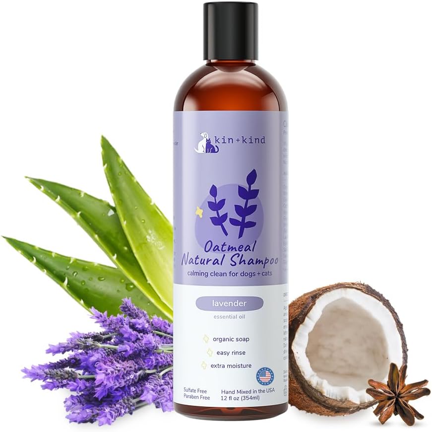 kin+kind Oatmeal Shampoo Lavender for Dogs & Cats Natural Dog Shampoo for Itchy & Sensitive Skin with Colloidal Oatmeal, Olive Oil & Coconut Oil Moisturizing & Safe Pet Shampoo Made in USA (12 fl oz)