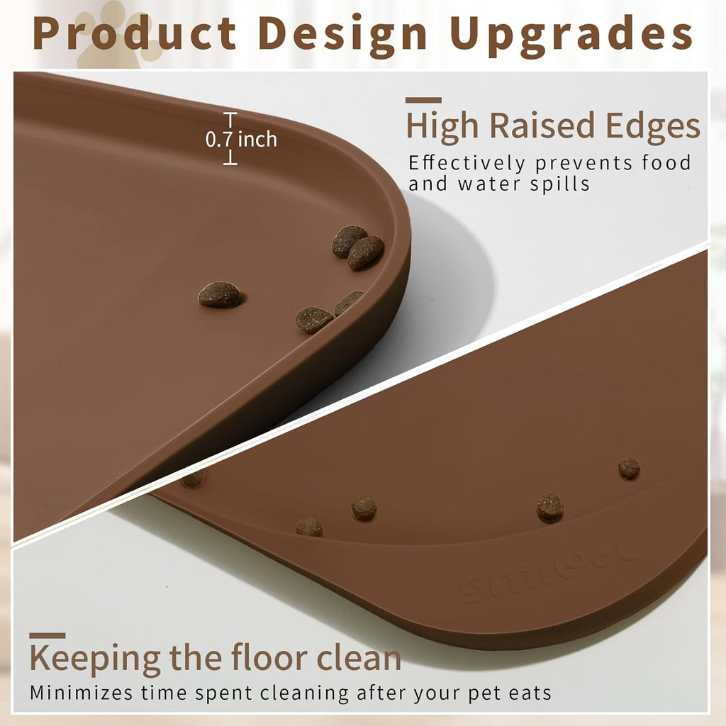 Silicone Pet Feeding Mat with Raised Edge & Residue Collection Pocket for Food and Water, Dog Bowl Mats, Cat Bowls Placemat with High Lip for Floor Waterproof, 19 x 12 x 0.7 Brown