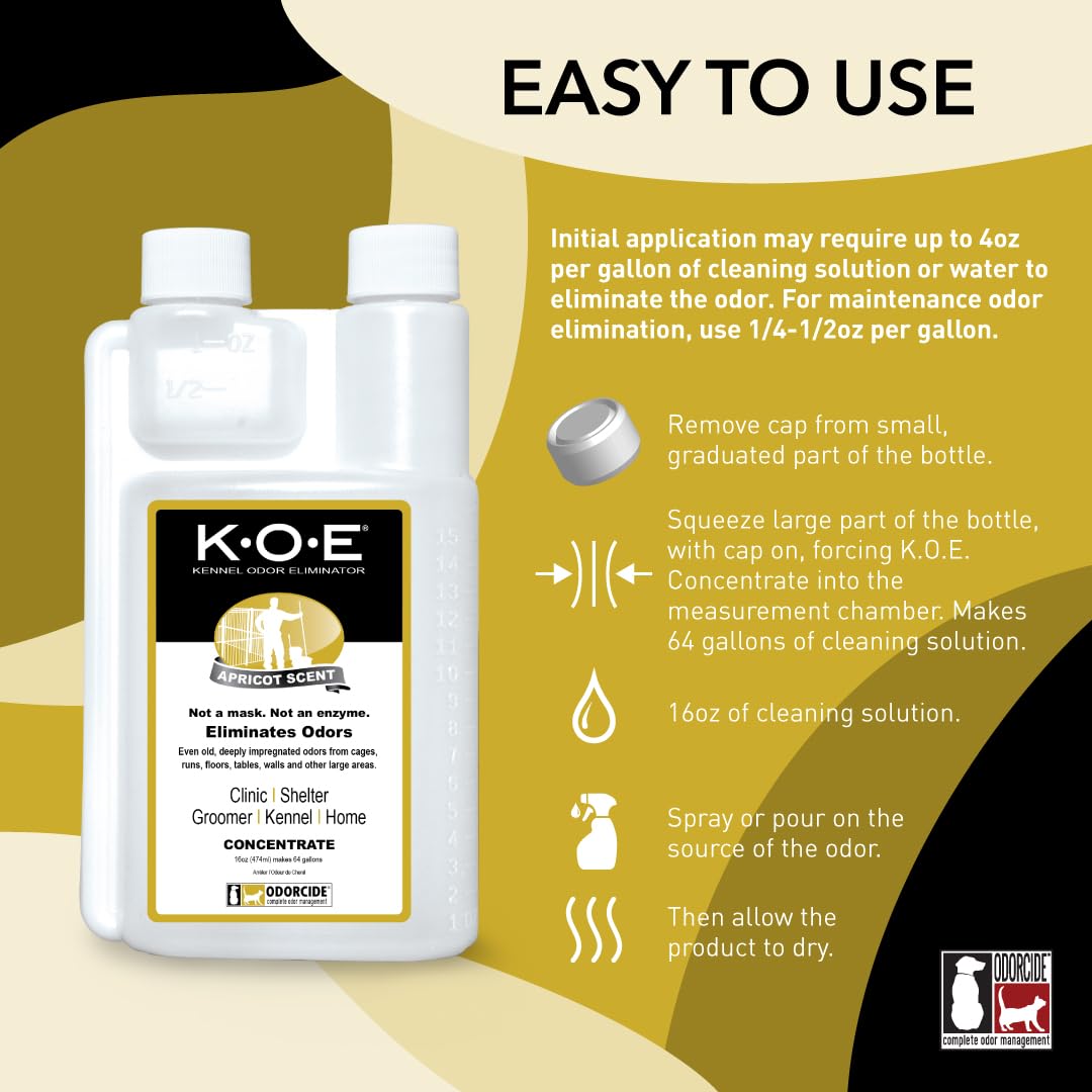 Odorcide K.O.E. Apricot Odor Eliminator 16 oz for Strong Odor for Cages, Runs & More – Home & Kennel w/Safe, Non-Enzymatic Formula