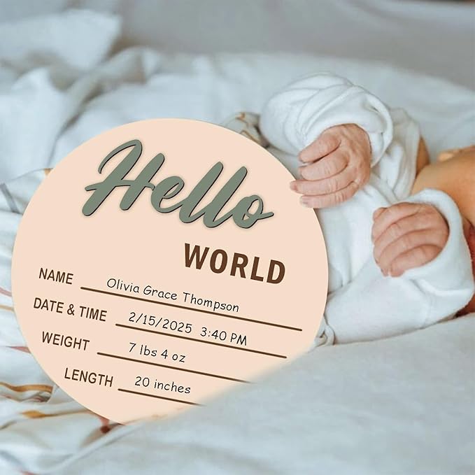 Monthly Baby Milestone Maker Discs, Baby Milestone Signs for Newborn Baby, Hello World Newborn Sign for Baby Girl & Boy, Baby Announcement Sign for 1-12 Month, Milestone Wooden Circles (Sage)