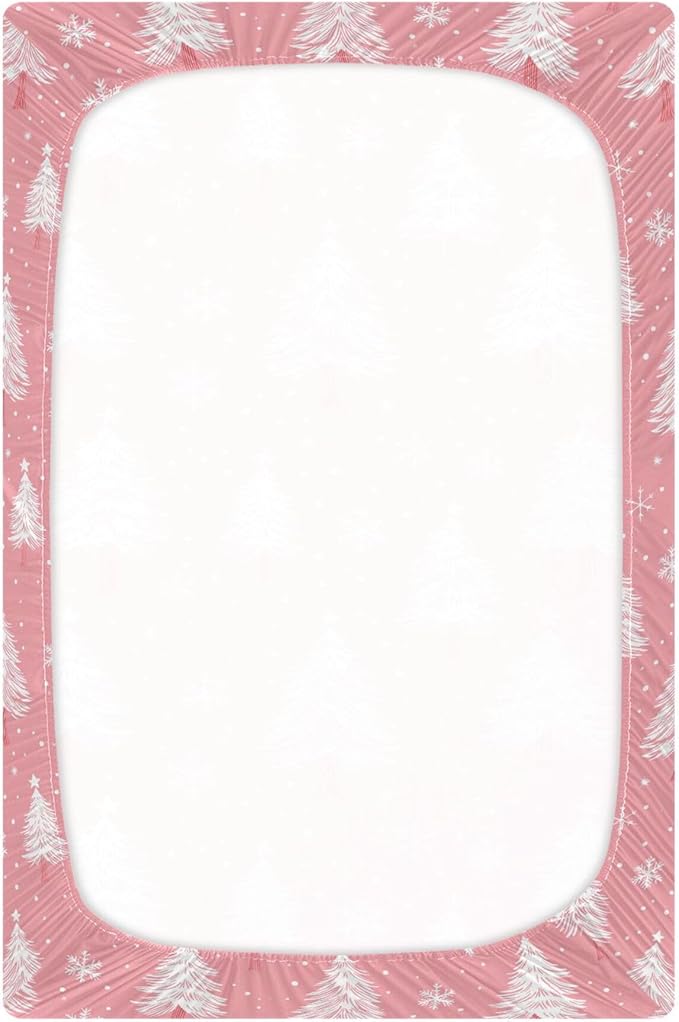 Christmas Pinks Trees Snowflakes Crib Sheets Soft Breathable Fitted Baby Crib Sheets Mattress Cover for Girls Boys, 52" x 28" x 9"