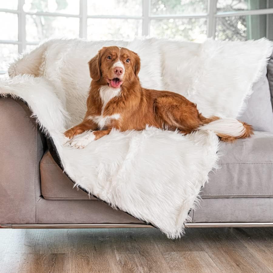 PupProtector Waterproof Throw Blanket for Dogs and Cats, Pet Blanket Cover for Couches, Sofas, Beds, Car Seats, Furniture, Calming Soft Faux Fur, Polar White, Original (60" L x 50" W)