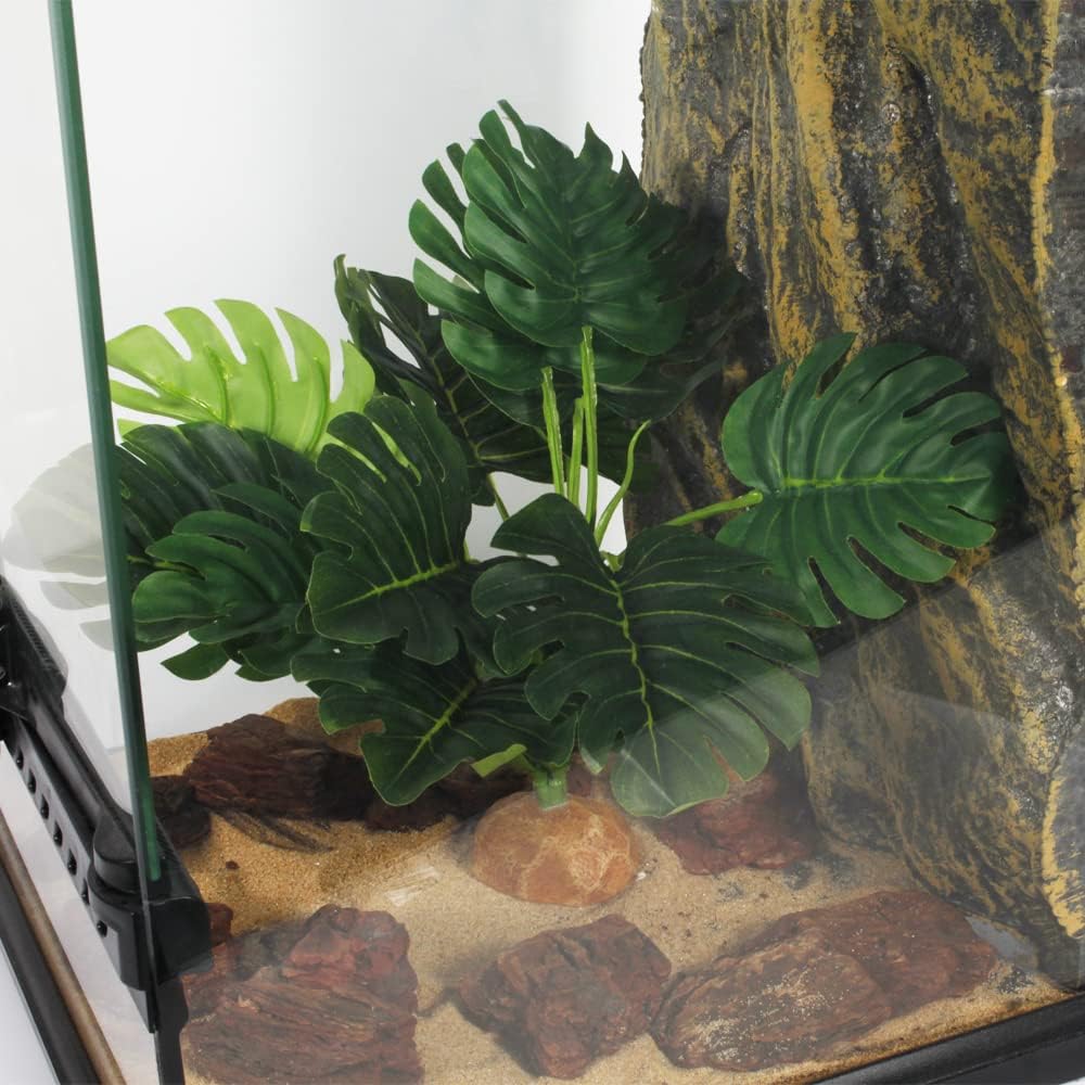 Fake Monstera Plants, Reptile Terrarium Decor, Bearded Dragon Tank Accessories fit Crested Gecko Leopard Lizard Chameleon Ball Python Snake Frog