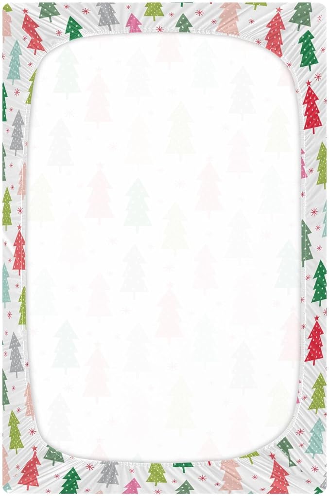 Colorful Christmas Tree Crib Sheets Soft Breathable Fitted Baby Playard Sheets Mattress Cover for Girl Boys, 39" x 27" x 5"