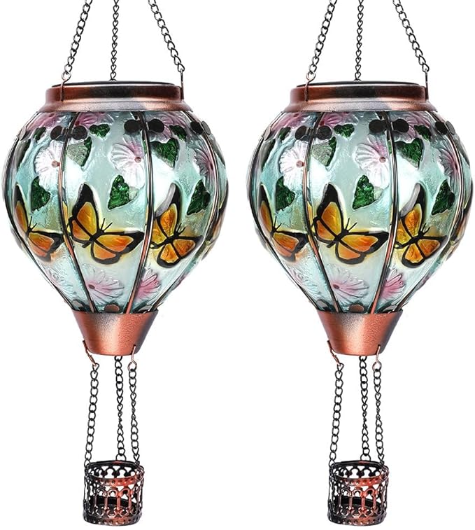 Hot Air Balloon Solar Lantern, Glass Hanging Solar Lantern with Flickering Flame Lights for Outdoor Garden Decoration (Butterfly 2PC)