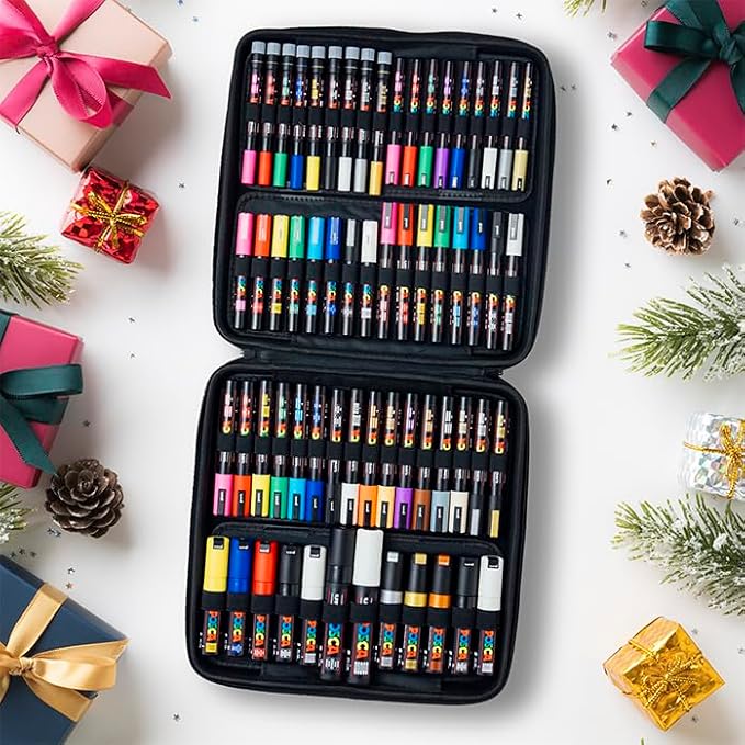 Posca Exclusive Holiday Paint Markers Gift Set of 62 with Case, Great for Kids and Adults, For Coloring Christmas Decorations, Canvas, Glass or Wood, Includes 350, 1MR, 1M, 3M, 5M, 7M, 8K, & 17K