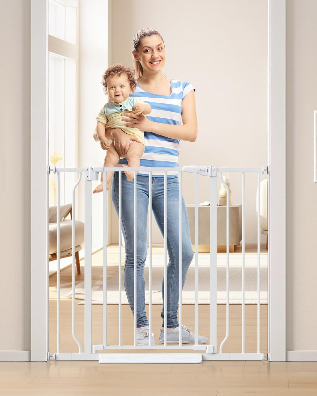 34" Extra Tall Baby Gate for Stairs, Auto Close Stroller Friendly Dog Gate Indoor for Doorways, Pressure Mounted 29"-40" W Baby Gate, Easy Walk Through Gate for Children & Pets, White